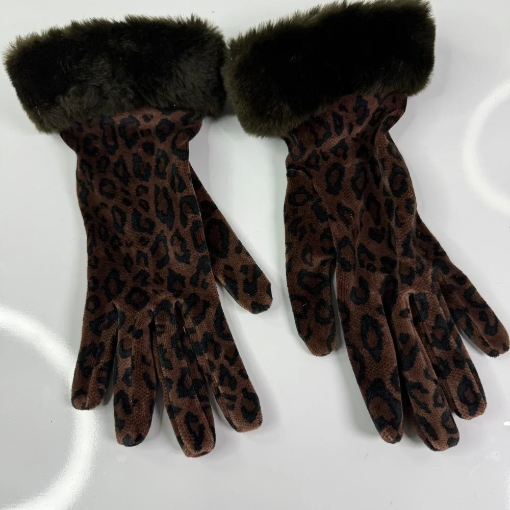 Leopard Print Faux Fur Trim Gloves Brown Black Olive Green Cotton Blend RN 68299
